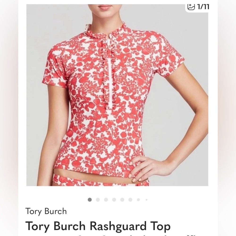 Tory Burch Red and White Rashguard Top with half zipper and Ruffle Front